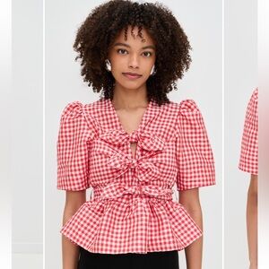 Ganni Crinkled Taffeta Check Blouse